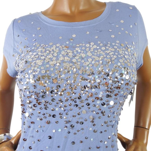 INC Top XL Blue Confetti Sequin  Party Shirt Stretch Short Sleeve Runs Small - Picture 3 of 8